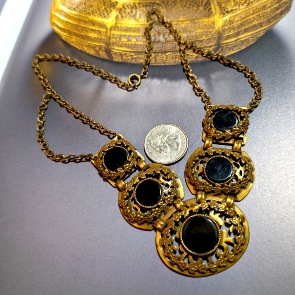 Victorian Mourning Onyx Forget Me Not Wreath Necklace ~ Antique - Picture 5 of 7